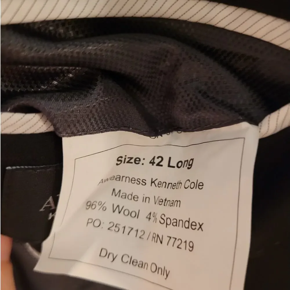 Kenneth Cole Awearness Mens 42L Black Wool Stretch Blazer Suit Jacket Careerwear